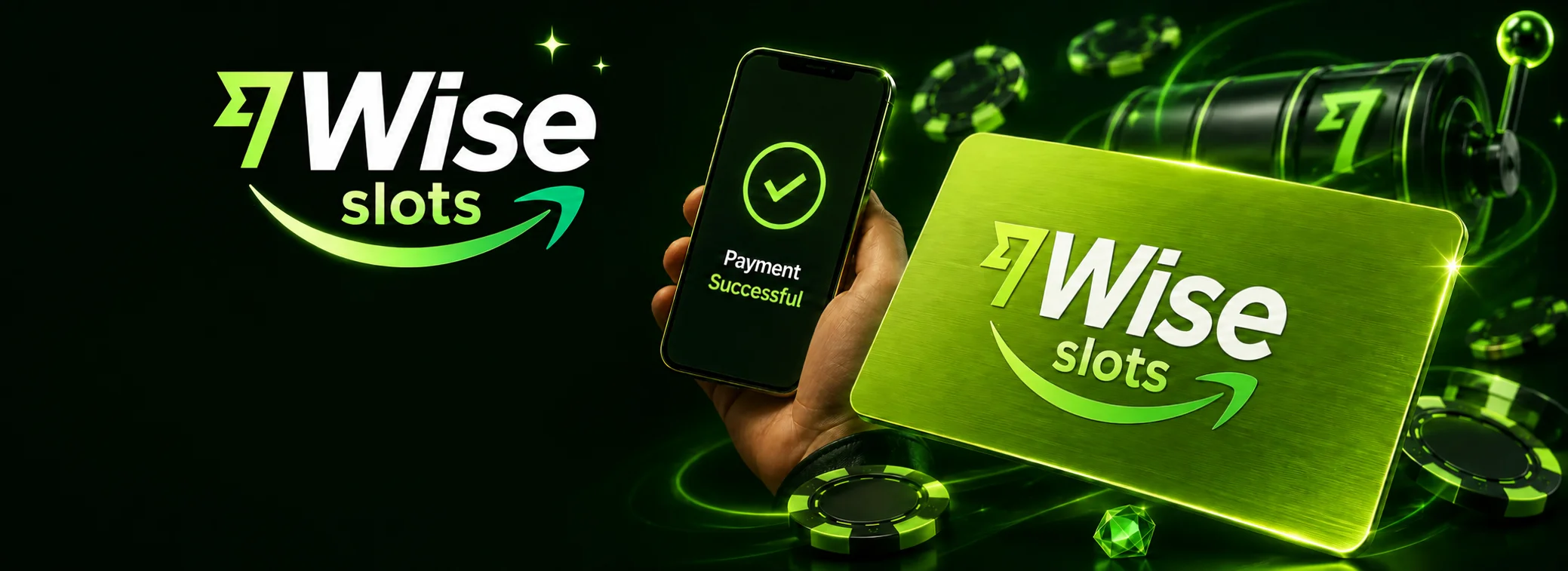 Wise Slots casino banner showing the Wise card and a 100% welcome bonus up to €500